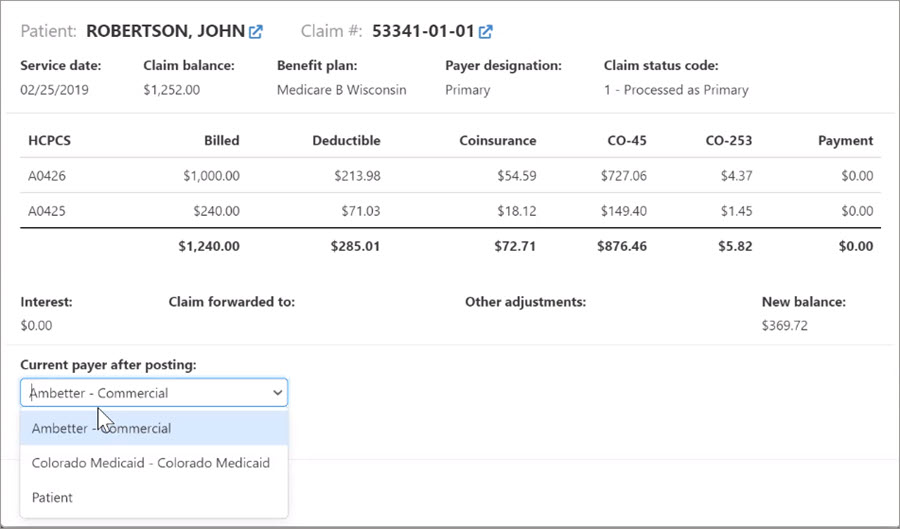 Click the 'Current payer after posting' field and select the payer from the list.